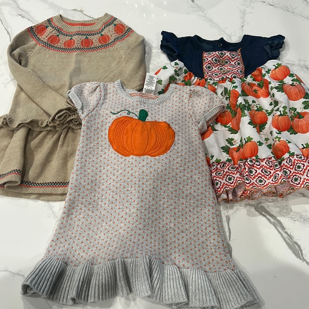 EUC Lot of 3 Girl Fall Pumpkin Dresses 3T 4T Gymboree LIKE NEW!
